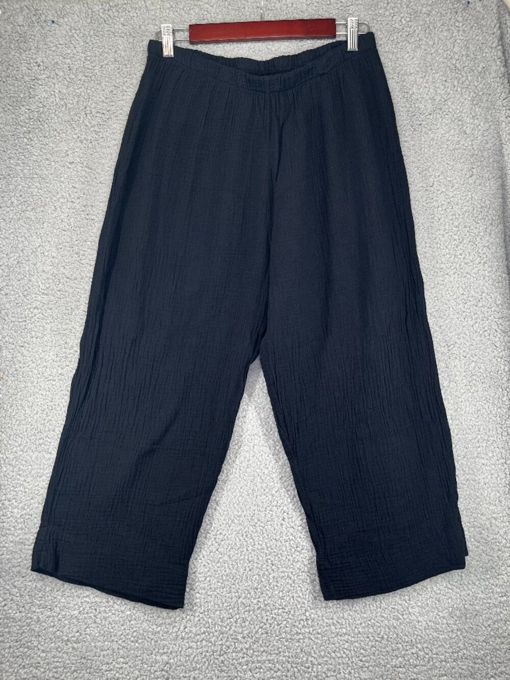 Bryn Walker Black Cotton Ribbed Cropped Lightweight Pants Lagenlook sz Large